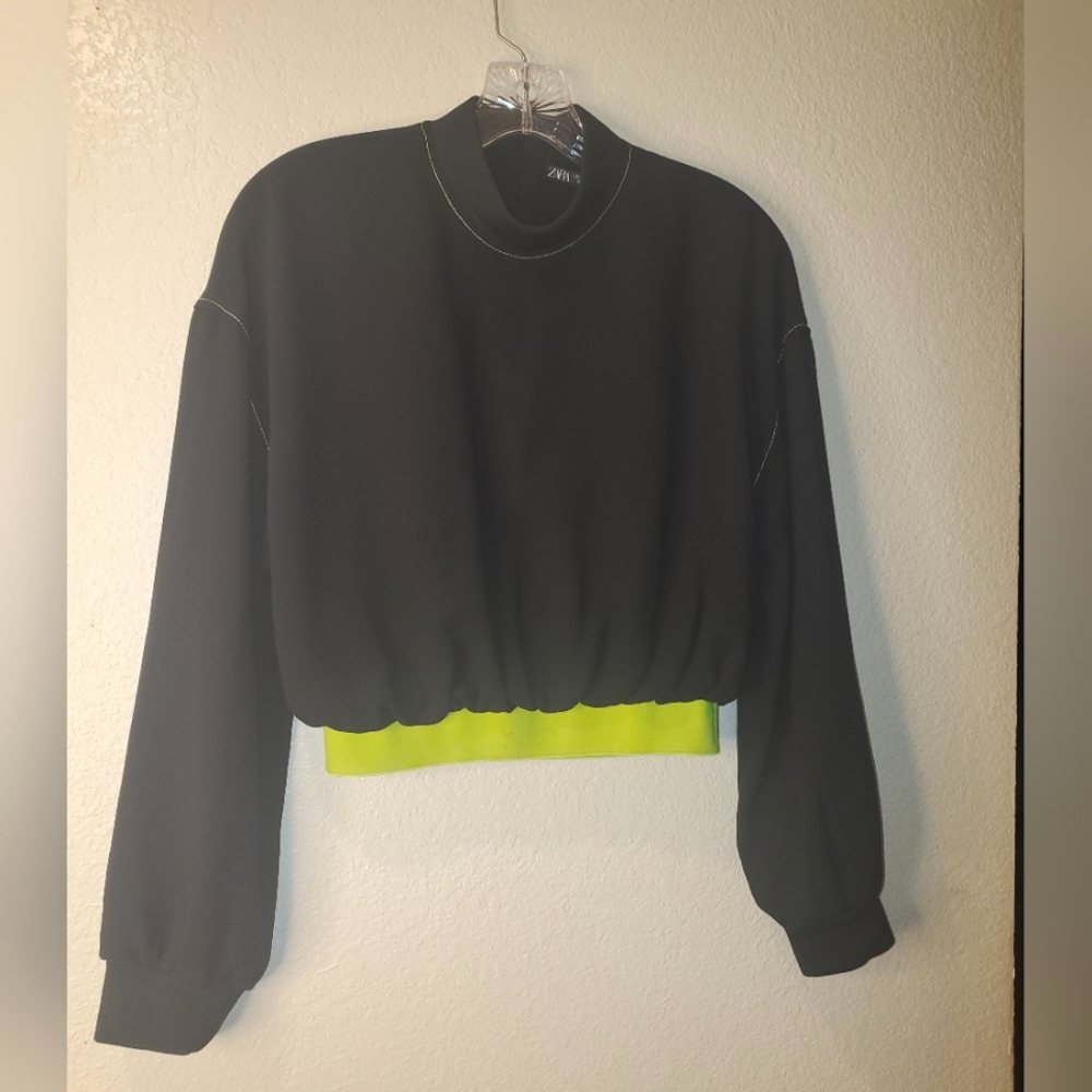 Zara Cropped Chiffon Top With Neon Stitched Detail & Neon Elastic Waist Band